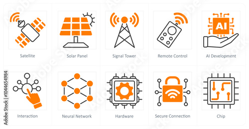 A set of 10 technology icons as satellite, solar panel, signal tower