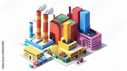 vibrant industrial complex featuring colorful buildings, smokestacks, and various structures. This illustration captures essence of modern manufacturing and energy production