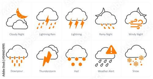 A set of 10 weather icons as cloudy night, lightning rain, lightning