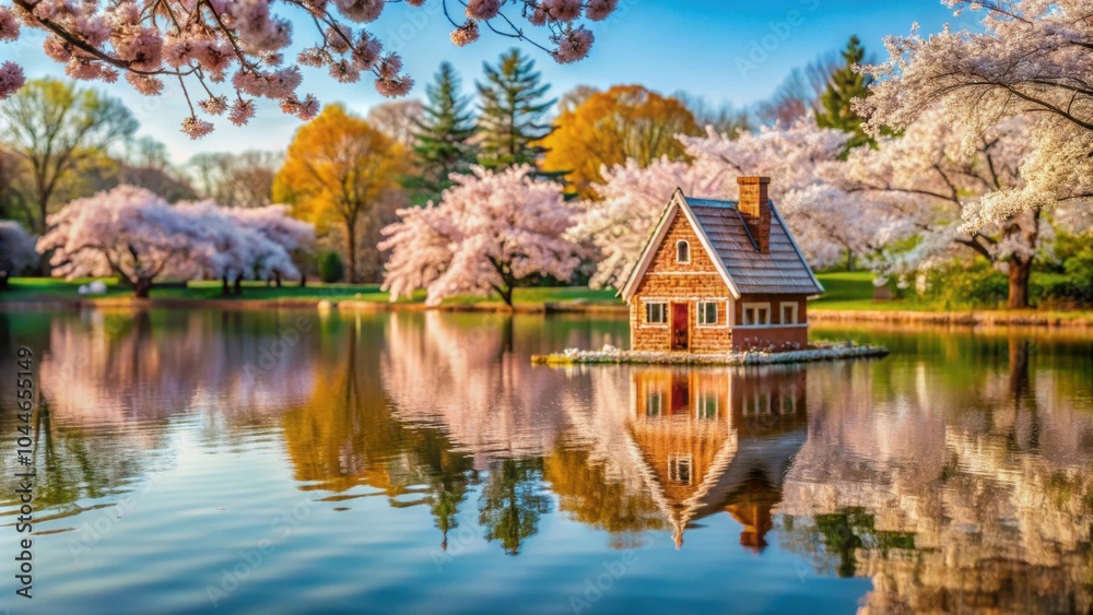 Gingerbread house reflecting in lake surrounded by cherry blossoms, gingerbread house, lake, reflection, cherry blossoms Gingerbread house reflecting in lake surrounded by cherry blossoms, gingerbread house, lake, reflection, cherry blossoms
