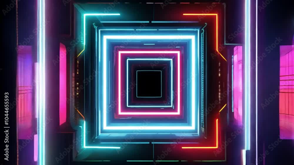 Camera moving through a square shaped tunnel illuminated by glowing neon lights, changing color over black background. Perfect for vjjing