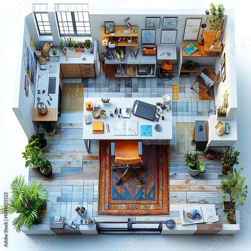 3d render of creative studio space with an art desk drafting chair and a variety of colorful markers and sketchpads top view with a detailed floor plan on a white background photo