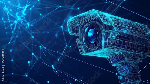 Digital design of security cameras with blue neon lights, digitally technological design, modern blue camera design photo