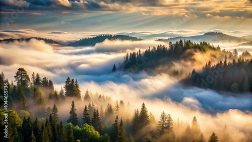 Mountain forest covered in fog with a beautiful cloudscape , fog, mist, trees, hills, mountains, forest, nature, landscape, scenic