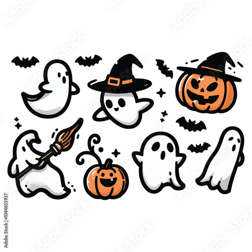 Happy Halloween Day element background vector. Cute collection of spooky ghost, pumpkin, bat, skull, candle. Adorable halloween festival illustration elements for decoration, prints.