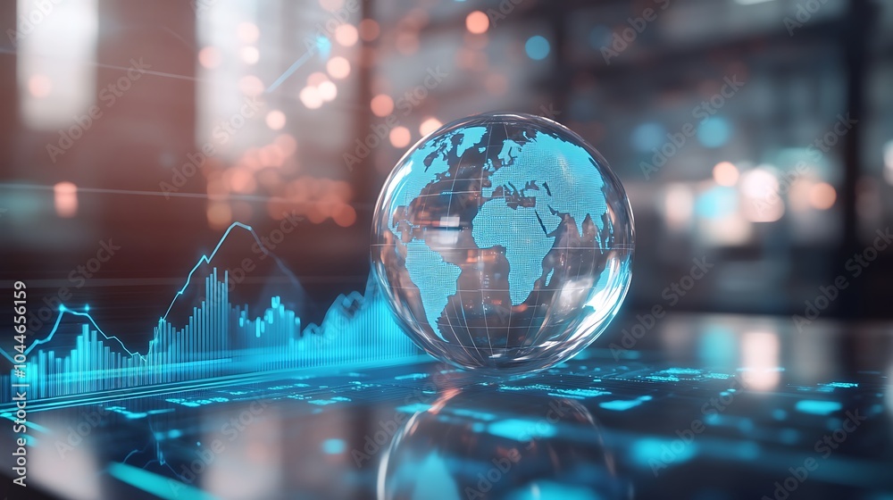 Fototapeta premium Planet earth design with glass as a blue sphere with background of blue graphs and lines, defocused background, concept of business and global trading