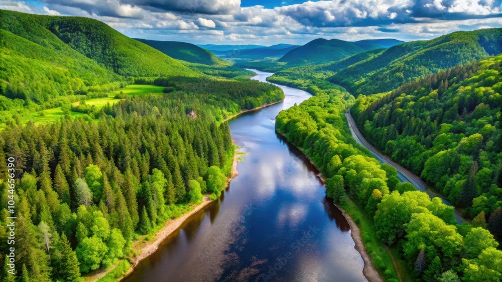 Obraz premium Aerial view of lush greenery surrounding the scenic Malbaie River in Quebec, Canada, Quebec, Canada, Malbaie River, aerial view