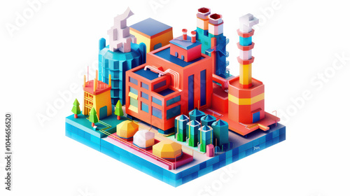 vibrant industrial complex featuring colorful buildings, smokestacks, and greenery, showcasing modern and stylized representation of urban environment
