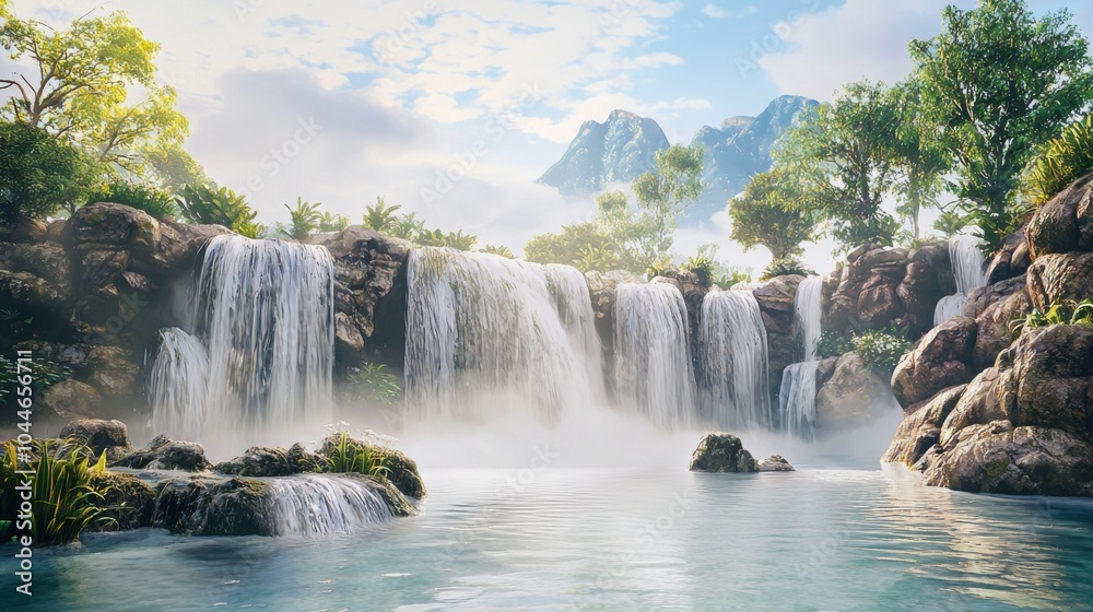 Fototapeta premium Cascading Serenity: A Tranquil Waterfall in Nature's Embrace