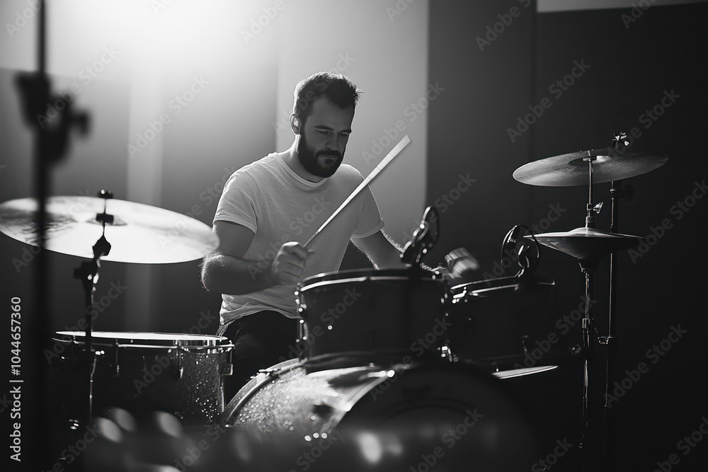 A man is playing drums in a black and white photo
