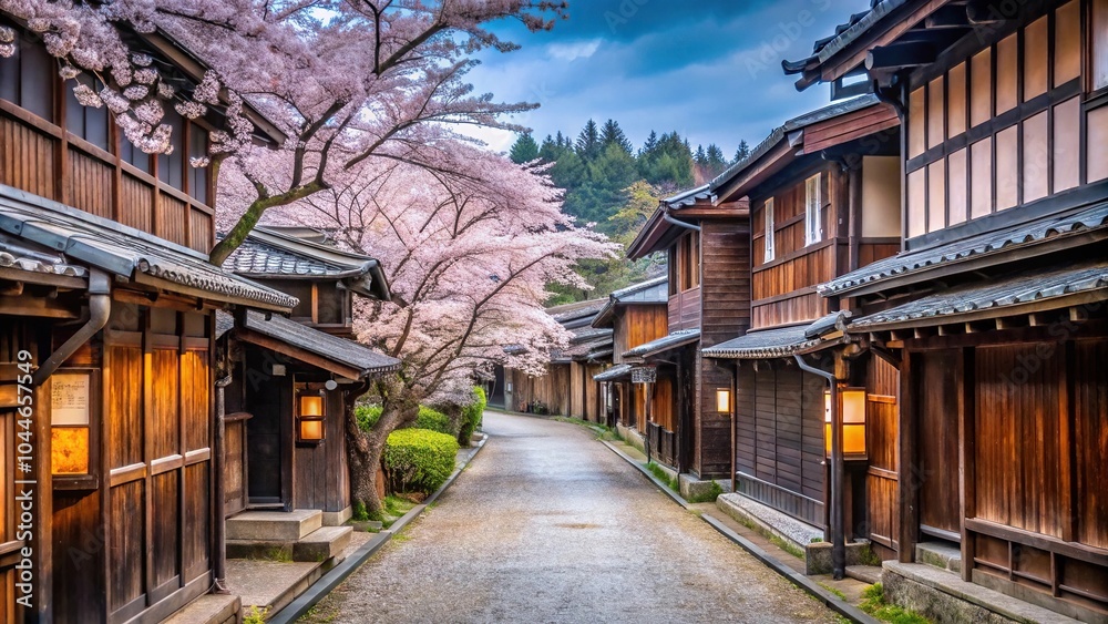 Symmetrical Japanese countryside alley with wooden houses and cherry blossom trees in full bloom Symmetrical Japanese countryside alley with wooden houses and cherry blossom trees in full bloom