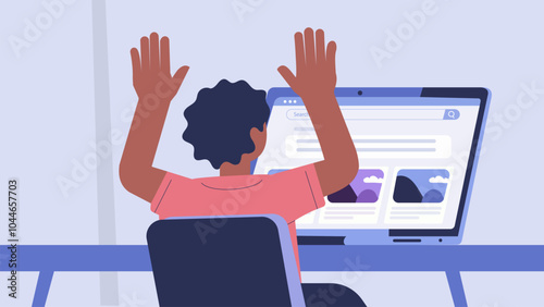 Back view of young african american man sitting at computer and raising hands up. Online education concept. Vector illustration in flat style