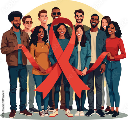 A diverse group of people standing together holding a large red ribbon