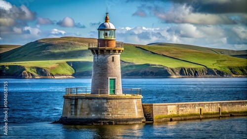 Symmetrical lighthouse and rolling hills at north entrance to Lerwick Harbour, Shetland Islands, Scotland