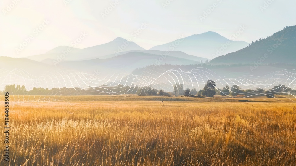 Sound waves radiating across a serene landscape, symbolizing the interconnectedness and harmony of natural and auditory elements. Sound waves radiating across a serene landscape, symbolizing the interconnectedness and harmony of natural and auditory elements.