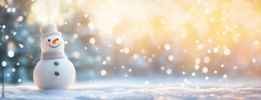 Obraz premium A cute snowman stands on a snowy surface against a blurred background of a winter landscape, copy space on the background . Merry Christmas and Happy New Year holiday banner. Festive backdrop