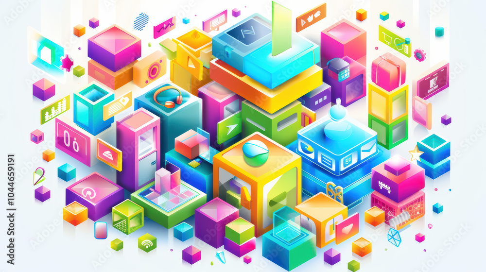 Vibrant digital illustration featuring colorful geometric shapes and icons representing technology and communication. design evokes sense of innovation and creativity Vibrant digital illustration featuring colorful geometric shapes and icons representing technology and communication. design evokes sense of innovation and creativity