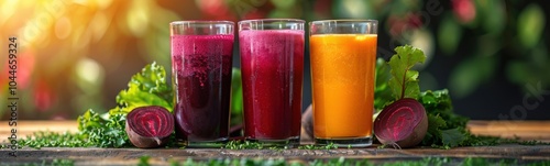 Glasses of juice sitting on a table, drink background, banner, copy space