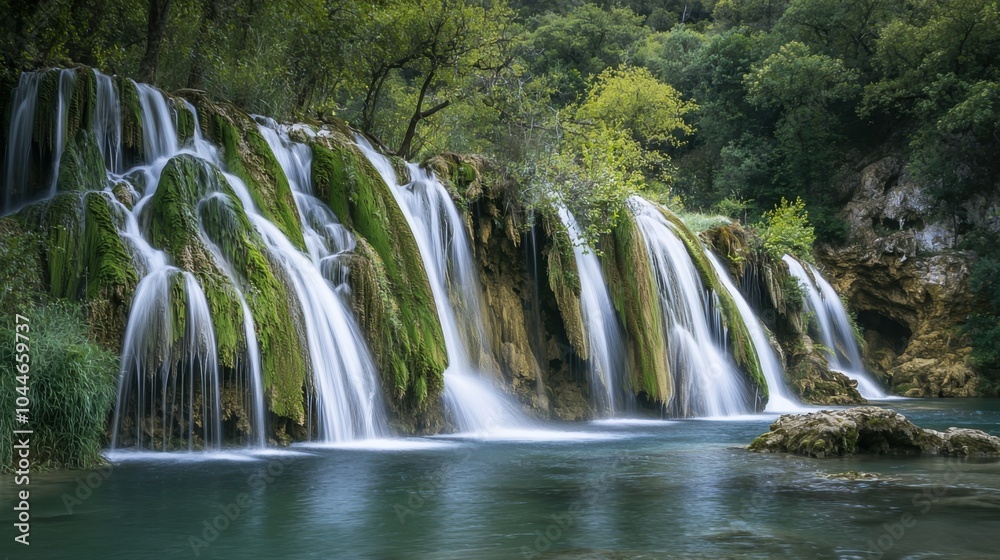 Obraz premium Cascading Serenity: A Tranquil Waterfall in Nature's Embrace