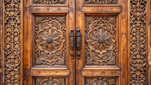 Wooden surface door with intricate carving design, carvings, wood, entrance, home, architecture, vintage, traditional, texture