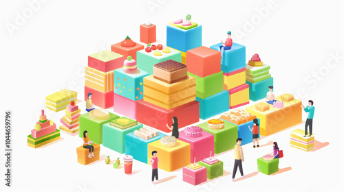 Delight in colorful array of desserts and treats, featuring vibrant blocks of sweets and playful characters enjoying delightful scene