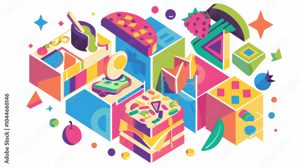 Colorful geometric shapes and food items create vibrant and playful illustration, showcasing variety of culinary delights and abstract designs. This artwork is perfect for food lovers and art Colorful geometric shapes and food items create vibrant and playful illustration, showcasing variety of culinary delights and abstract designs. This artwork is perfect for food lovers and art