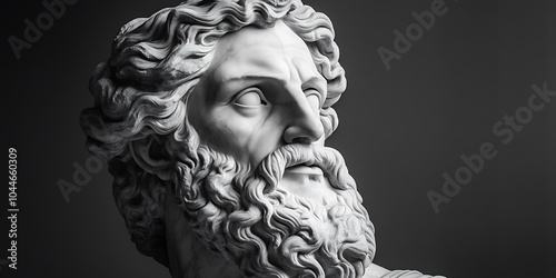 Greek philosopher sculpture statue on dark black background, masculine man stone