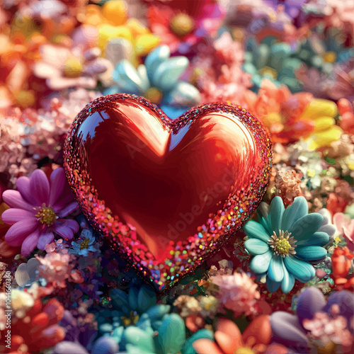 3D red heart close-up against the background of a scattering of flowers. Vector. Template for a romantic card, invitation. Sketch for advertising, symbolic print. Interior decor for exhibitions, prese