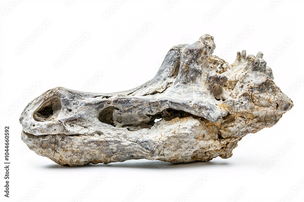 An isolated dinosaur bone fossil against a white backdrop highlights its intricate textures and details, ideal for scientific research and educational use.