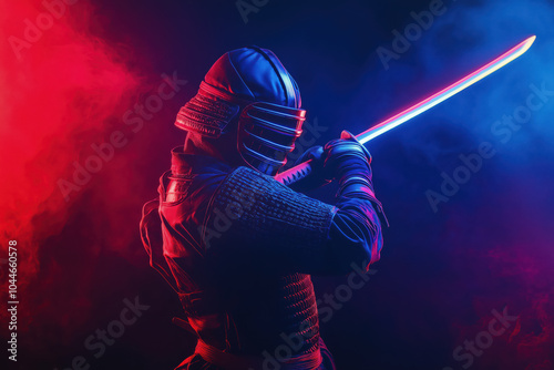 A man in a black suit holding a sword with a blue and red light on it