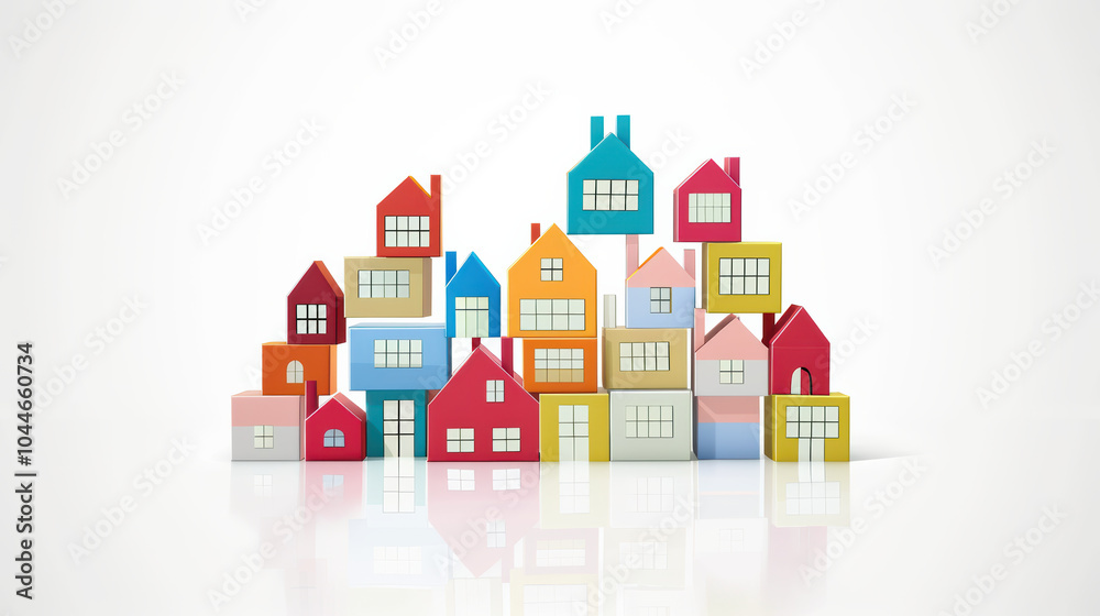 Naklejka premium Colorful miniature houses arranged in playful manner, showcasing various designs and sizes. This vibrant display evokes sense of community and creativity