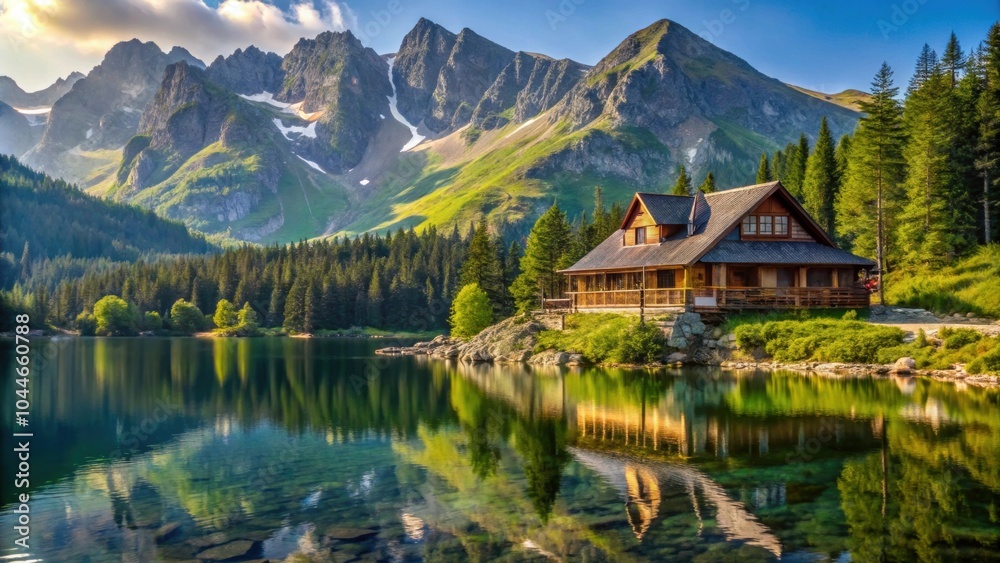 Guest house for tourists on the shore of a picturesque lake in Tatra National Park, Poland, Tatra National Park, guest house Guest house for tourists on the shore of a picturesque lake in Tatra National Park, Poland, Tatra National Park, guest house