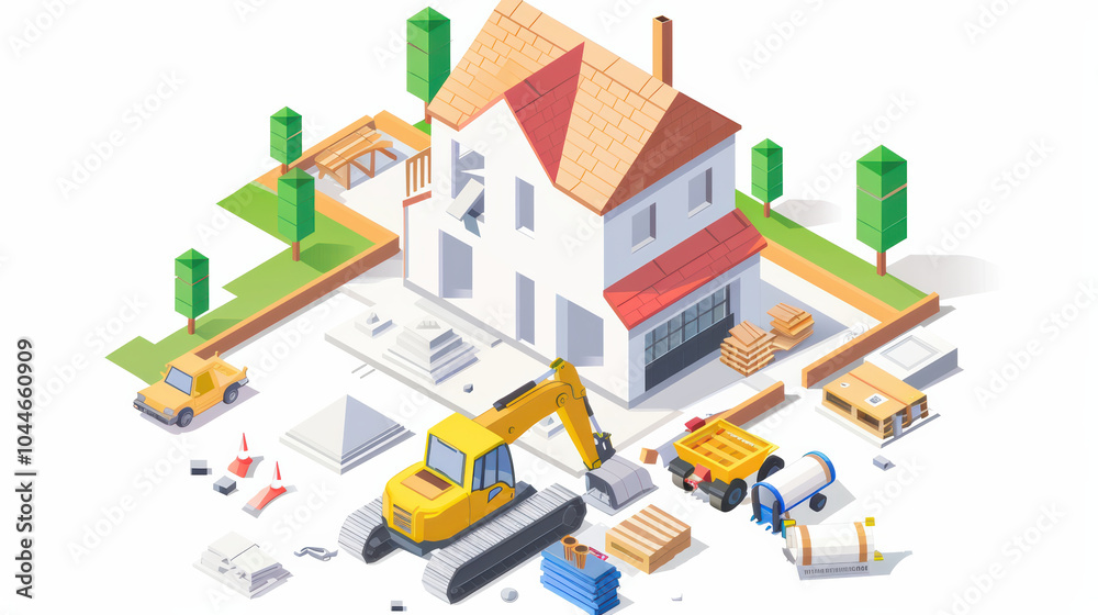Fototapeta premium vibrant construction scene featuring house under renovation, with machinery, building materials, and vehicles scattered around. atmosphere conveys sense of activity and progress