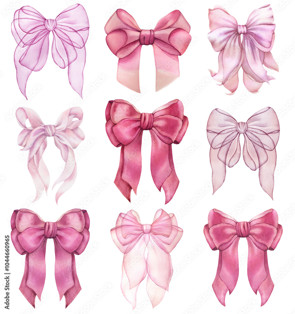 Set of trendy pink, red coquette ribbon bow. Watercolor hand drawn illustration isolated, white background. Soft pastel colors.Wedding invitation, party decoration, greeting card. Knot symbol. Vintage Set of trendy pink, red coquette ribbon bow. Watercolor hand drawn illustration isolated, white background. Soft pastel colors.Wedding invitation, party decoration, greeting card. Knot symbol. Vintage