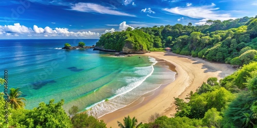 Panoramic view of Pangandaran Beach Bay with clear blue water, sandy shore, and lush greenery , beach, bay, Pangandaran, Indonesia