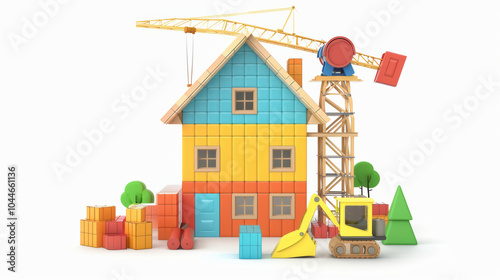 colorful toy house under construction, featuring crane and construction equipment, surrounded by building blocks and trees, creating playful and imaginative scene