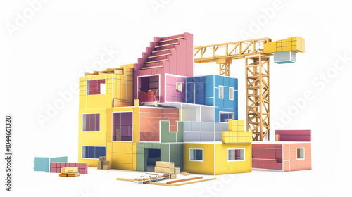 Colorful construction site model with crane, showcasing various building materials and architectural elements. This vibrant scene captures essence of modern construction and design