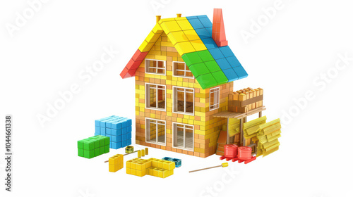 Building colorful house model made of blocks, showcasing creativity and imagination. vibrant structure features blue, green, and yellow roof, surrounded by various building materials