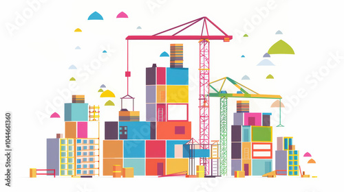 Colorful construction site illustration featuring cranes and buildings, showcasing vibrant urban landscape under bright sky