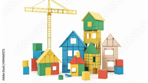 Colorful building blocks create playful construction scene with various shapes and sizes of houses, showcasing creativity and imagination in vibrant environment