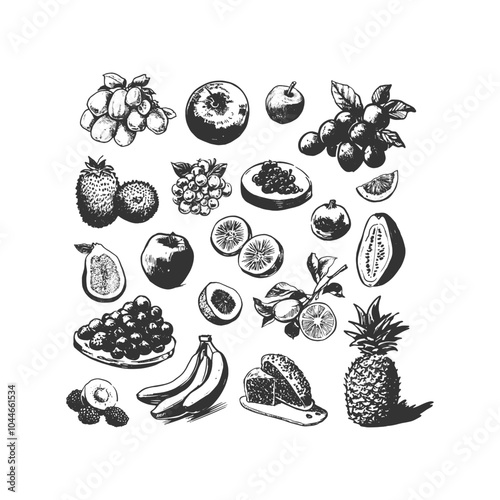 Vintage hand-drawn fruit set featuring bananas, kiwi, grapes, and citrus in detailed line-art style. Perfect for organic food packaging, tropical branding, and healthy lifestyle illustrations photo