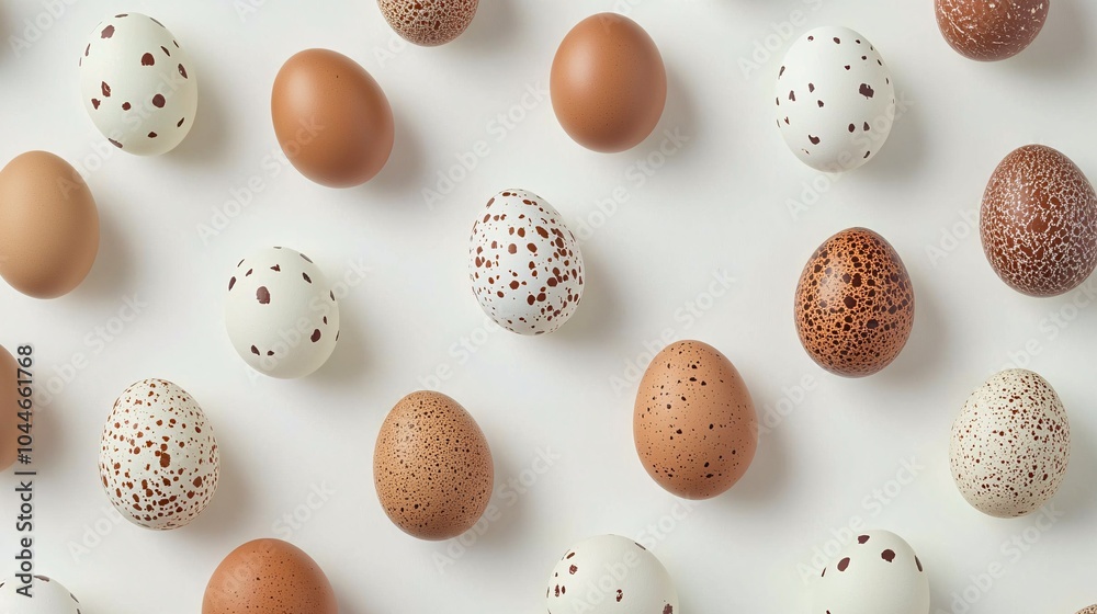 Artfully displayed free-range eggs on a pristine white surface, highlighting their rustic brown and white hues, ideal for culinary advertising and recipes.