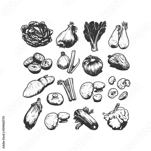 Vintage hand-drawn vegetable set featuring root vegetables, leafy greens, mushrooms, and herbs in detailed line-art style. Ideal for organic food packaging, farm branding