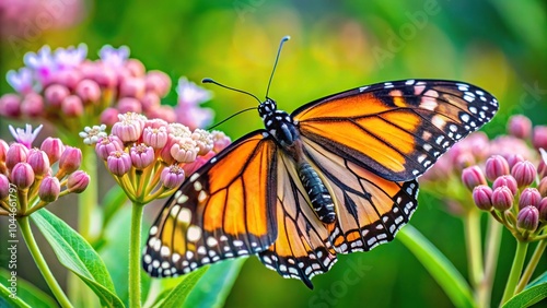 Symmetrical Monarch butterfly feeding on milkweed plant with delicate wings