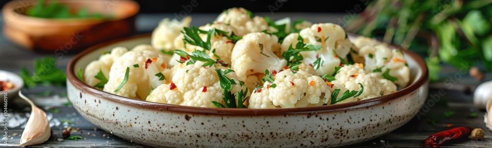 Bowl of cauliflower with garlic and herbs on a table, food background, banner Bowl of cauliflower with garlic and herbs on a table, food background, banner