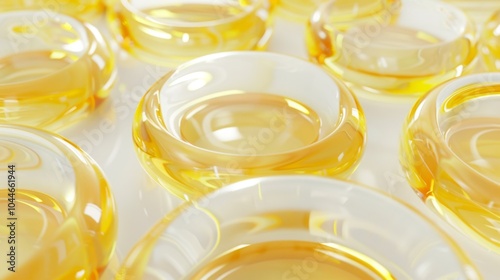 Gold stains of oil, serum droplets or honey on beige background. Bubbles collagen essence, mockup liquid yellow drops of cosmetic or food oil.