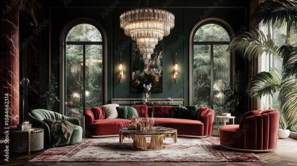 Obraz premium A luxurious living room with high ceilings, velvet furnishings, and sparkling chandeliers, exuding opulence and refined elegance