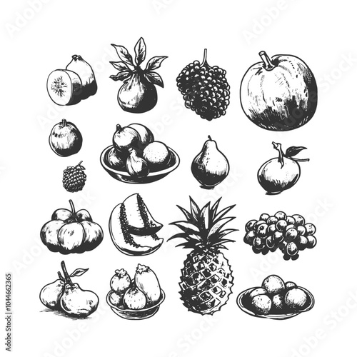 Hand-drawn tropical and subtropical fruit collection, featuring kiwi, figs, pineapple, and melons in vintage line art style. Perfect for food packaging, organic branding, and culinary projects