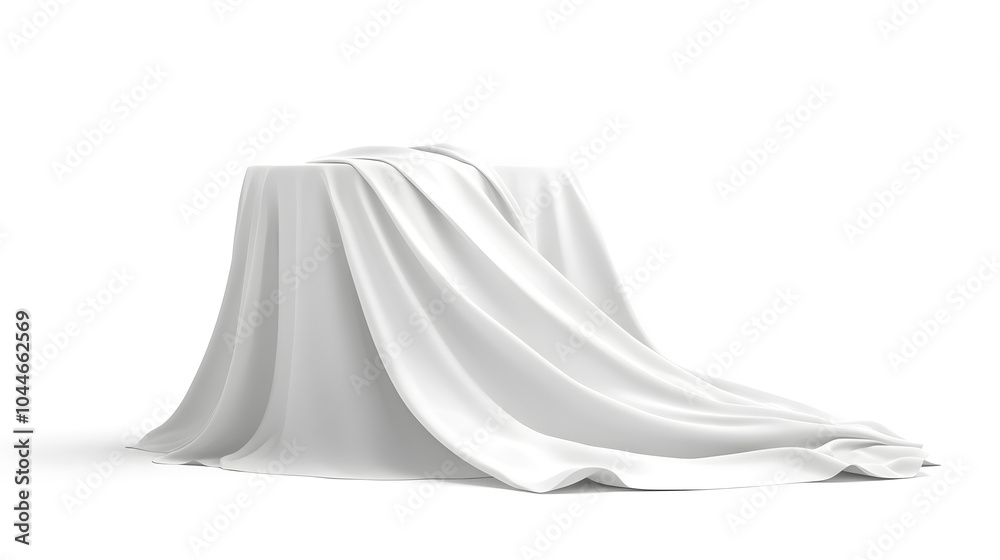 Podium covered with a piece of white silk drapery fabric, podium for product cosmetic presentation creative mock up 3d illustration Podium covered with a piece of white silk drapery fabric, podium for product cosmetic presentation creative mock up 3d illustration