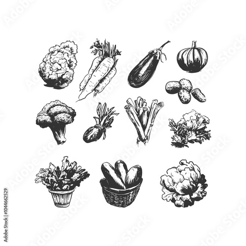 Organic vegetable collection in hand-drawn line art featuring carrots, zucchini, cauliflower, eggplant, and leafy greens. Perfect for eco-friendly packaging and healthy lifestyle designs